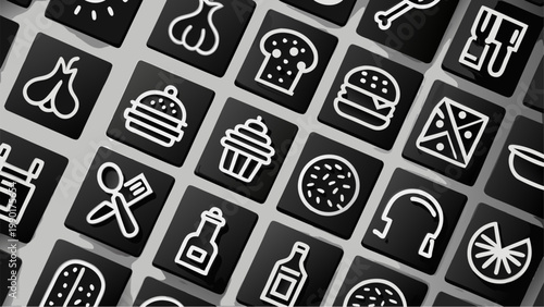 Diverse collection of 36 black vector icons representing kitchen utensils food items and cooking elements for culinary design and web graphics presented in a grid layout