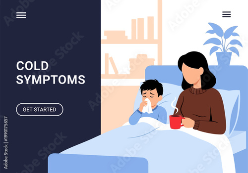 Sick Child with Cold and Flu Symptoms and Mother Caring in Bed - Healthcare Landing Page Illustration