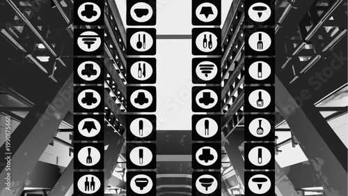 Collection of 36 minimalist black and white vector icons representing kitchen utensils cooking tools and culinary elements perfect for restaurant menus recipe websites and food