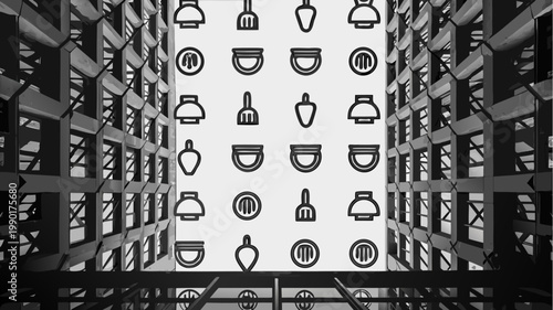 Collection of bold black kitchen utensil icons arranged in a grid pattern on a clean white background representing cooking and culinary concepts