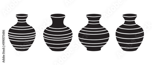 Striped black ceramic vases arranged in a row, isolated on a white background.