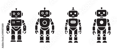 Vintage Style Robots, Diverse Designs, Black Silhouettes on White Background.