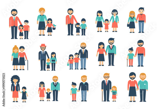 Flat Vector Collection of Diverse Family Characters, Inclusive Social Groups, Single Parents, Couples, and Families with Children for Modern Infographics