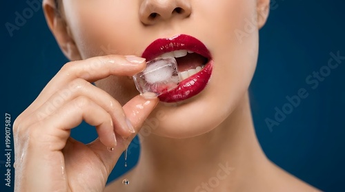Closeup of woman with red lips holding ice cube against blue background