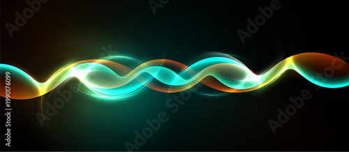 Abstract waves, vibrant colors, flowing lines. Dark background emphasizes luminous energy, creating dynamic visual effect.