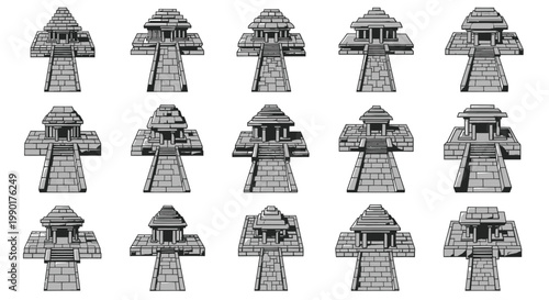 Ancient Stone Temple Icons Set Vector Illustration
