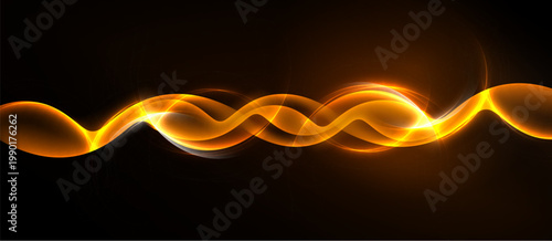 Bright orange waves flow across black background. Smooth curves create dynamic visual effect. Light radiates from center.