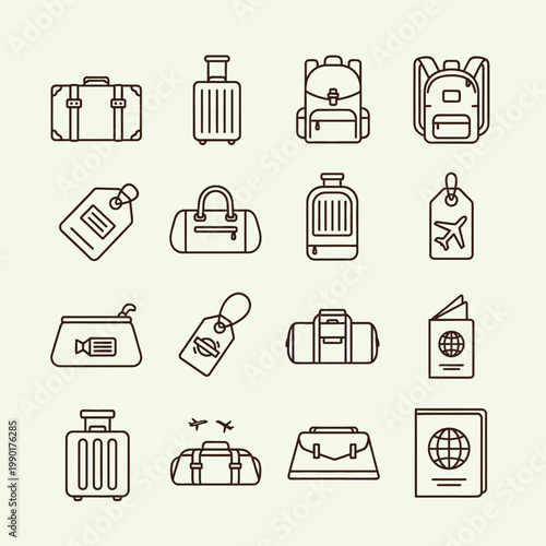Travel Luggage And Bag Icons Line Art.