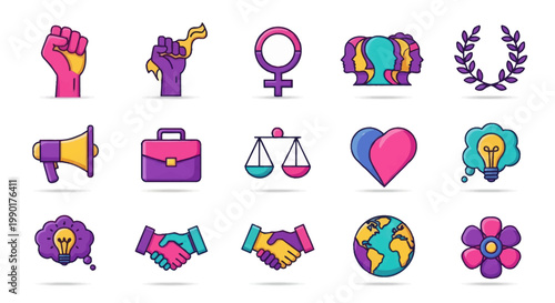 Feminism Icons Set: Empowerment, Equality, Justice, Diversity, Peace, Ideas, Business