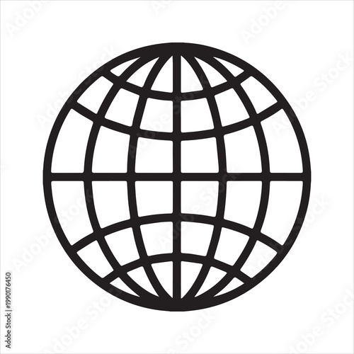 Simple black and white stylized globe icon representing global connection and the internet