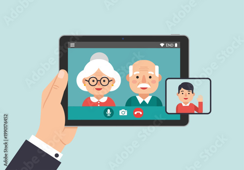 Family Video Call on Digital Tablet Screen with Grandparents and Grandchild, Remote Online Communication Illustration