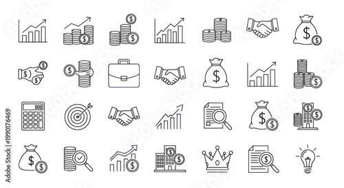 Business Icons Set: Finance, Growth, Success, and Investment Concepts