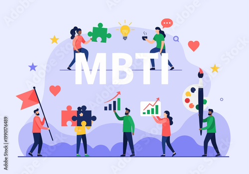 MBTI Myers-Briggs Type Indicator Flat Vector Illustration for Personality Assessment, Psychology, Human Resources, and Team Building Concepts