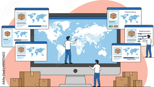 Global ecommerce logistics dashboard with world map online orders warehouse shipping management and delivery network flat vector illustration