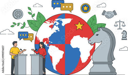 Global politics concept with world map chess knight debate podiums diplomacy communication and international relations flat vector illustration