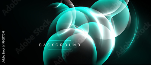Abstract design features glowing turquoise circles, white lines over dark background. Modern, dynamic composition creates futuristic feel.