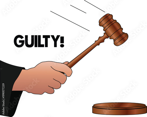 Illustration of a judge's hand lowering a gavel side view. Gavel vector illustration. Judge, gavel and law