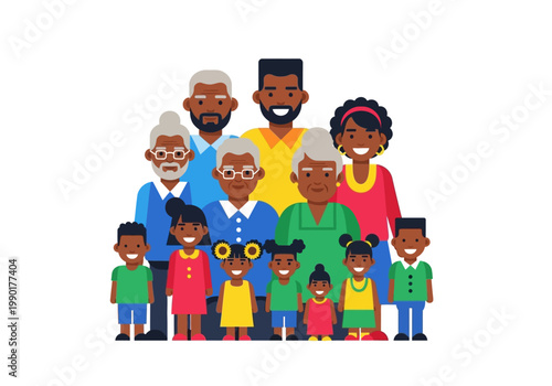 Large Multi-Generational African American Family Portrait Vector Illustration