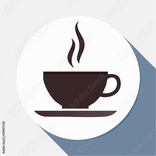 A dark brown coffee cup with steam rising on a saucer, set against a white circle with a blue shadow on a light gray background.