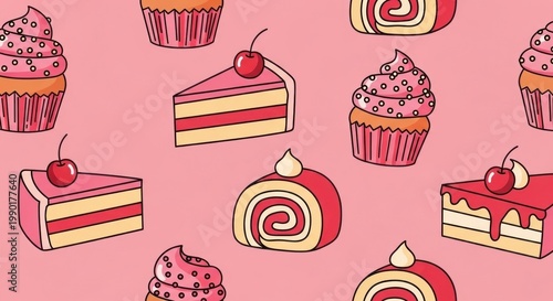 A seamless pattern featuring various sweet pastries on pink background