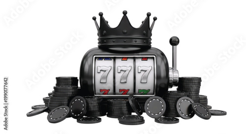 Lucky 7 Slots Machine with Stacked Casino Chips and a Royal Crown - A Symbol of Gambling and Winning