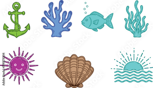 Colorful marine icons set including anchor coral fish seaweed sun shell and ocean waves vector illustration for summer design projects