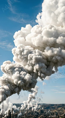 Massive White Smoke Plumes Billowing From Industrial Factory Chimneys Under Bright Blue Sky with Scattered Clouds in Daytime
