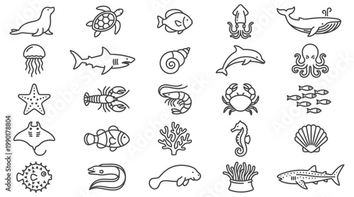 Detailed marine life silhouette collection featuring various sea creatures and ocean animals vector art