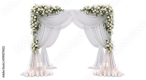 Elegant white wedding archway adorned with luxurious floral arrangements and ambient candles, creating a perfect backdrop for romantic ceremonies and celebrations
