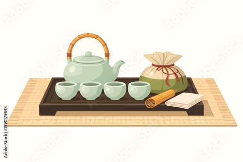 Traditional tea set illustration with ceramic teapot, four teacups, whisk, wrapped tea packet, and folded cloth arranged on a wooden tray over a bamboo mat