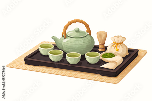 Traditional tea set illustration with ceramic teapot, four teacups, whisk, wrapped tea packet, and folded cloth arranged on a wooden tray over a bamboo mat