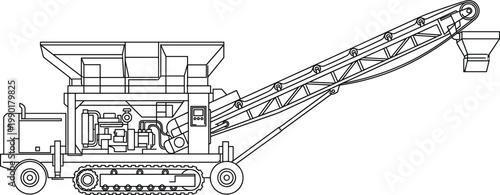 Mobile crusher machine with conveyor belt industrial mining equipment heavy machinery construction site line art vector illustration