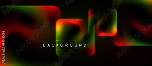 Abstract fluid shapes, vibrant colors, dark background. Modern design, gradient effects, text element present. Dynamic composition.