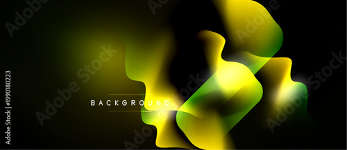 Abstract fluid shapes, vibrant yellow, green hues blend into dark background. Modern design element, dynamic composition.