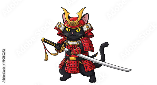 Charming illustration of a fearless feline warrior adorned in traditional samurai armor, holding a katana sword, embodying strength and agility with an adventurous spirit