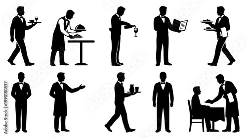 10 Male Waiter Silhouette Vector Pack – Restaurant & Hospitality Service SVG Collection