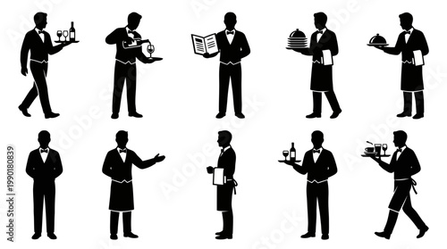 10 Male Waiter Silhouette Vector Pack – Restaurant & Hospitality Service SVG Collection