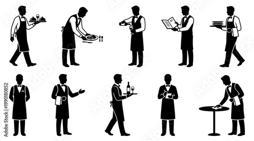 10 Male Waiter Silhouette Vector Pack – Restaurant & Hospitality Service SVG Collection