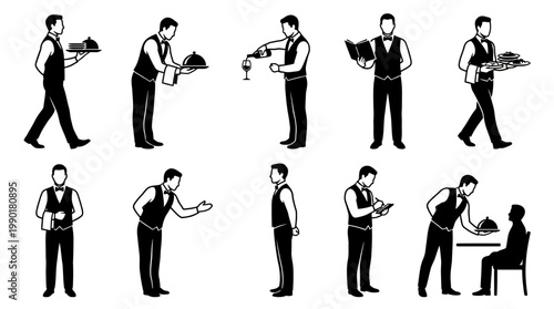10 Male Waiter Silhouette Vector Pack – Restaurant & Hospitality Service SVG Collection