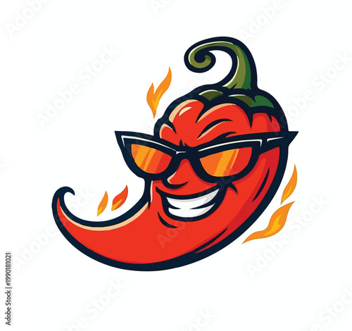 Cool red chili pepper mascot character wearing stylish sunglasses and smiling while being surrounded by flames in a vector illustration