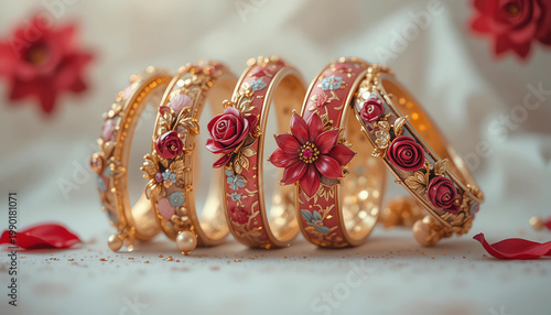 Traditional rose floral bangles with vibrant red petals and golden accents close-up shot