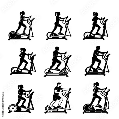 set of sports silhouettes 9 set icon Elliptical machine fitness