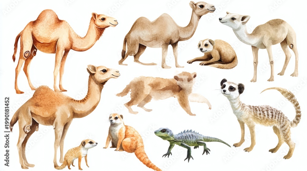 Obraz premium A watercolor collection of illustrated desert animals including camels, fennec foxes, meerkats, lizards, and scorpions. white background