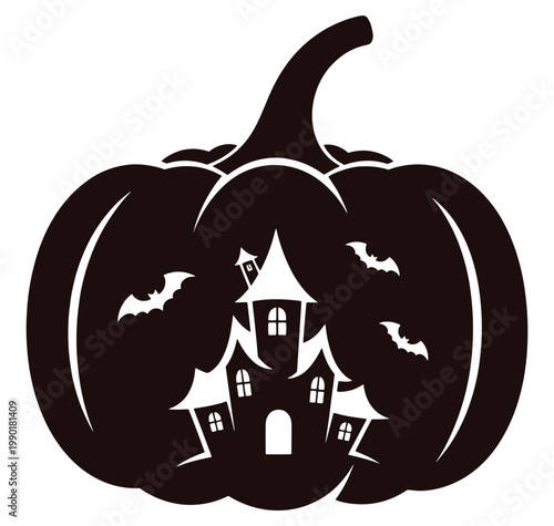 Halloween pumpkin with haunted house and bats carved on its surface