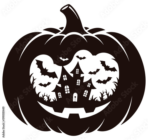 Halloween pumpkin with spooky haunted house and bats inside  festive seasonal decoration