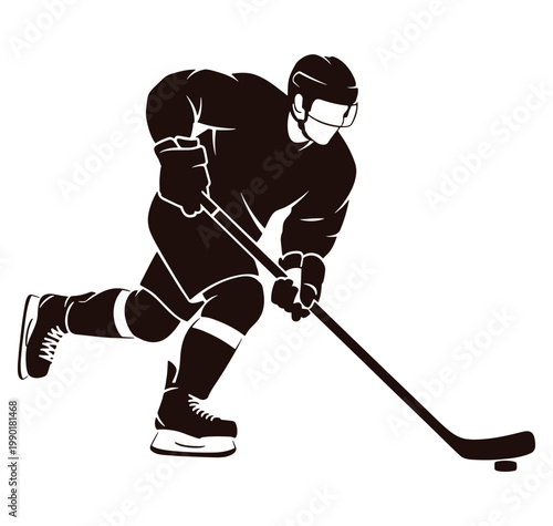 Hockey player in motion hitting puck with stick on ice  action scene
