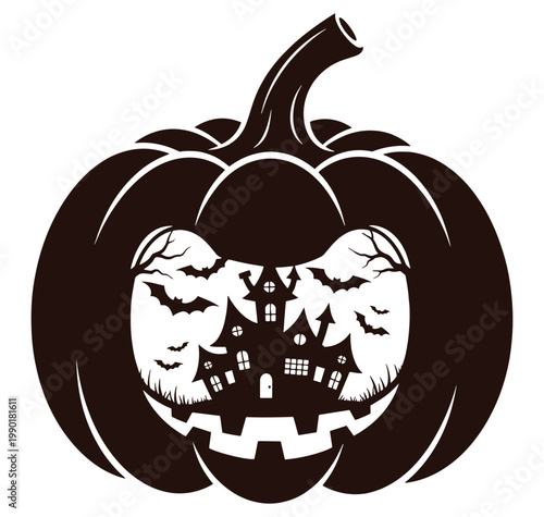 Jackolantern with spooky house and bats inside carved face  Halloween symbol