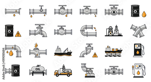 Oil and Gas Industry Icons: Valves, Pipes, Barrels, Rigs, Ships, Trucks, and Pumps