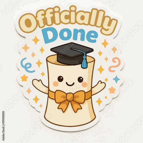 Adorable cartoon graduation scroll character wearing a cap happily celebrates the joyful moment of officially being done with academic achievements.