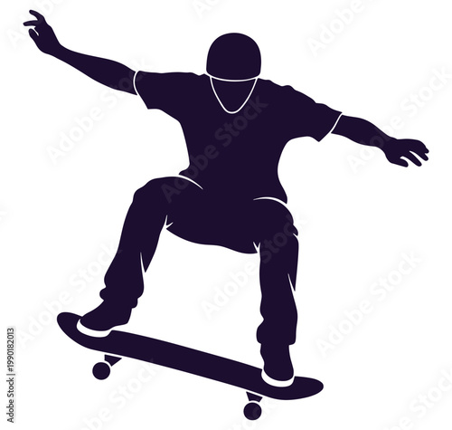 Man skateboarding with arms outstretched on a skateboard in motion on white background